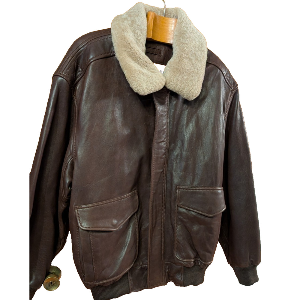 ANDREW‎ MARC NEW YORK Leather Bomber Jacket Faux Shearling Collar BROWN XL